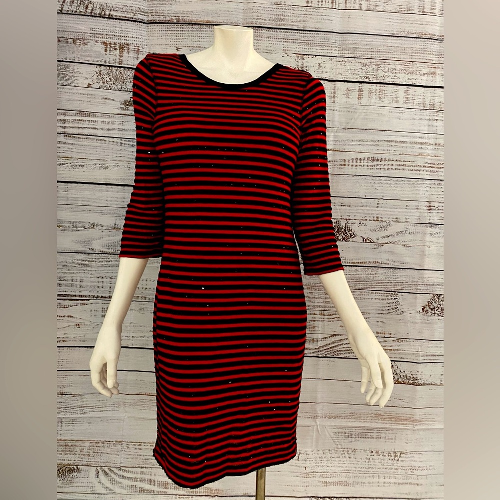 Express red & black striped dress with sequins, low back, 3/4 sleeves, size M